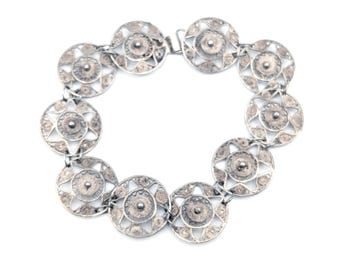 Old Mexico Silver Filigree Circle Link Bracelet - 7.5"