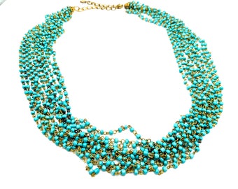 Vintage Turquoise Glass Beaded Gold Chain Multi-Strand Necklace - 36"