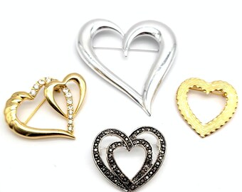 Lot of Vintage Heart Brooches, Silver Heart Pin, Gold Danecraft Brooch