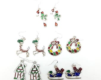 Enamel Holiday Dangle Earrings Sterling Silver French Wires -  5 Styles
