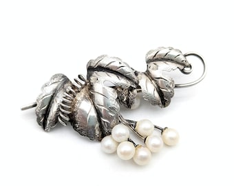 Vintage Sterling Silver & Pearl Grapes Cluster Leaf Brooch - 2"