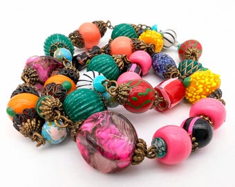 1940s Fruit Salad Lamp Work & Thermoset Bead Necklace - 28"