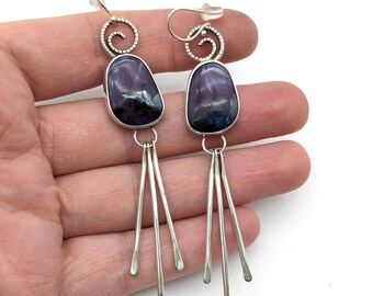 Long Artisan Purple Turquoise & Sterling Silver Boho Dangle Earrings