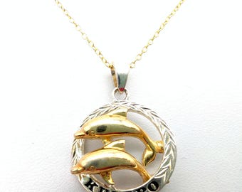 Sterling Silver & Gold Vermiel  Hawaiian Sweetheart/Lover (Kuuipo) Dolphins Pendant Necklace - 19"