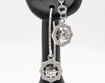 Sterling Silver Spiderweb Dangle Earrings, Threader, Stud, Halloween Goth, CZ Spiderweb