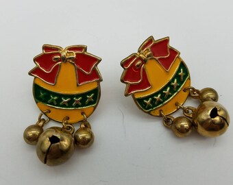 Unique Vintage Enamel Holiday Ball & Bell Earrings