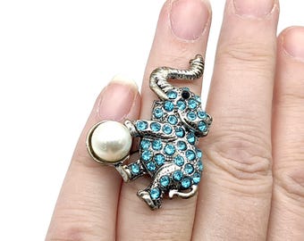 Vintage Adjustable Blue Enamel, Rhinestone & Faux Pearl Elephant Ring