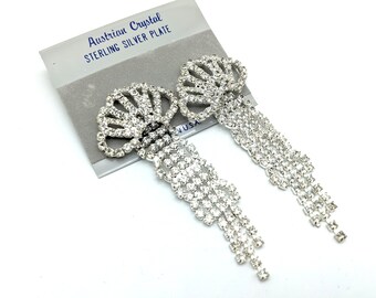 Vintage Silver Plated Austrian Crystal Dangle Prom / Wedding Earrings