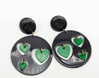 Vintage 1980s Black Circle and Green Heart Cut Out Dangle Earrings - 2.5"