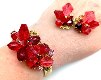 Vintage Red, Pink & Gold Bead Accent Bangle Bracelet and Clip Earrings Set