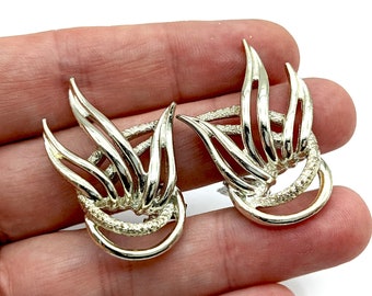 Signed Emmons Silver Leaf Spray Clip Earrings - 1.5"