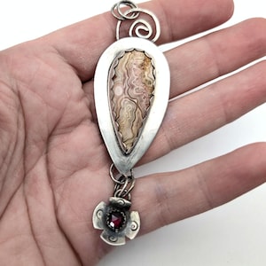 Artisan Sterling Silber Granat & Crazy Lace Achat Anhänger, übergroß