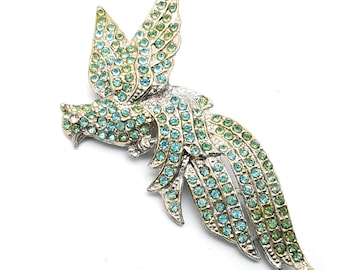 1930s Blue & Green Rhinestone Bird of Paradise Brooch - 4"