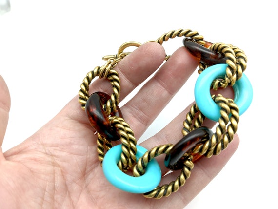 Vintage Faux Turquoise & Brass Chico's Chunky Lin… - image 8