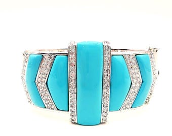Turquoise Lucite, CZ & Silver Plated Hinged Art Deco Bangle Bracelet