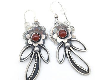 Artisan Sterling Silver Carnelian Flower Dangle Earrings