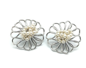Vintage Signed Napier Faux Pearl & Silver Tone Clip On Earrings