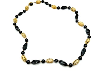 Vintage Black Glass & Gold Plated Filigree Beaded Necklace - 30"