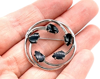 Vintage Sarah Coventry Silver & Black Rhinestone 1960's Circle Brooch
