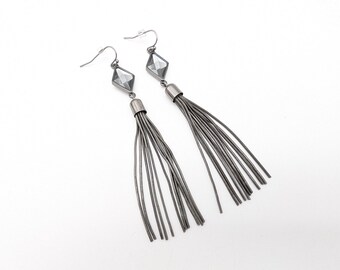 Vintage Lia Sophia Gunmetal Rhinestone Tassel Earrings - 3"