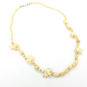 Vintage Carved Deer Bone & Bead Elephant Beaded Pendant Necklace - 28&quot;