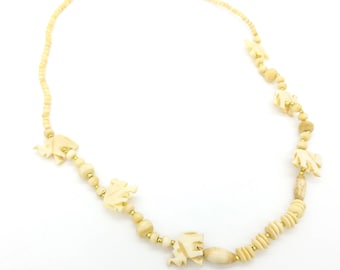 Vintage Carved Deer Bone & Bead Elephant Beaded Pendant Necklace - 28"