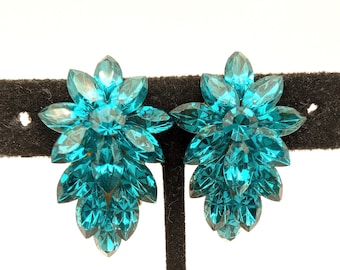 Vintage Pariaba Blue Rhinestone Stud Statement Earrings - 1.5"
