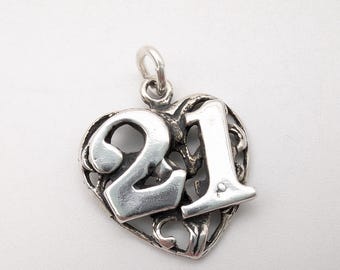 Vintage Sterling Silver 21 Filigree Heart Birthday Charm or Pendant