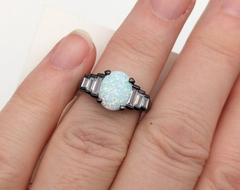 Old Stock Gunmetal Synthetic Opal & CZ Ring by Ashley Cooper - Size 6
