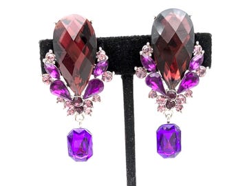 Burgundy & Purple Rhinestone Cluster Clip On Dangle Earrings - 2.25"