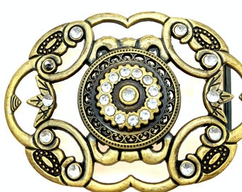 Ornate Rhinestone Studded Brass Belt Buckle