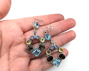 Vintage Sterling Silver Multi Color Gemstone Dangle Earrings