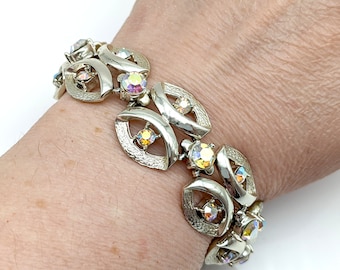 Coro Pegasus Gold Tone & Pink AB Rhinestone Link Bracelet - 7.25"