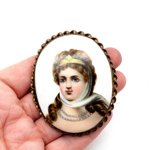 Antique Victorian Hand Painted Porcelain Cameo Brooch - 2 5/8"
