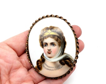 Antique Victorian Hand Painted Porcelain Cameo Brooch - 2 5/8"