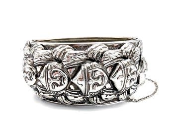 Vargas Silver Repousse Asian Warrior Hinged Bangle Bracelet