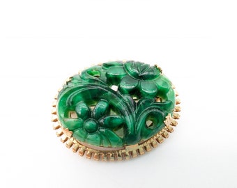 Napier Carved Glass Jade & Faux Pearl Brooch