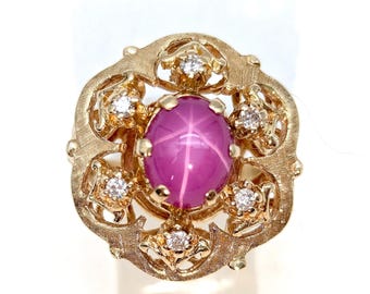 14K Gold Natural Pink Star Sapphire/Ruby & Diamond Estate Ring - Size 7, Resizeable
