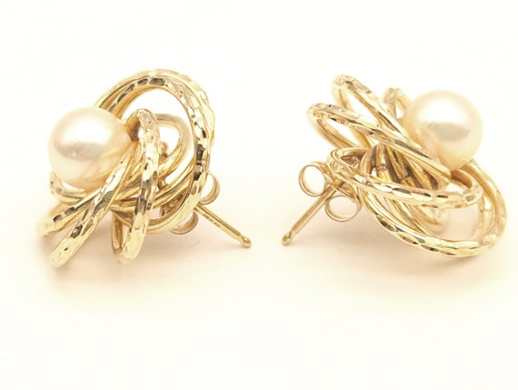 Estate 14K Gold Swirl Pearl Stud Earrings - 7/8 - image 3