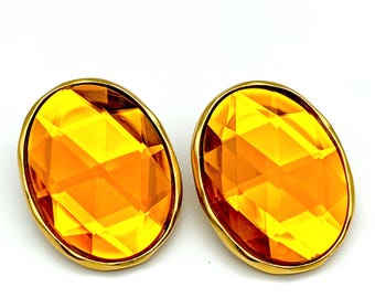 Large Ben Amun Faceted Lucite Clip Earrings in Orange or Red