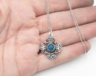 Vintage Silver Sterling & Turquoise Floral Jerusalem Cross Pendant Necklace - 20"