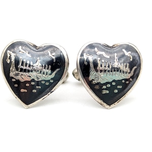 Boutons de manchette coeur en argent sterling du Siam des années 1940 avec bateau du roi du Siam