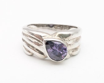 Vintage Amethyst CZ & Sterling Silver Solitaire Ring - Size 6.75
