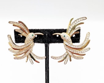 14k Gold Plated Erwin Pearl Rhinestone Hummingbird Statement Clip Earrings