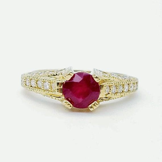 14K Gold Ruby Diamond Ring, Engagement Solitaire,… - image 2