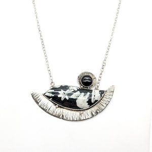 Sterling Silver Chrysanthemum Stone & Black Onyx Artisan Made Pendant Necklace - 23&quot;