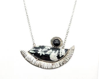Sterling Silver Chrysanthemum Stone & Black Onyx Artisan Made Pendant Necklace - 23"