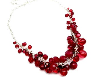 Vintage Robert Rose Red Bead & Silver Tone Bib Necklace - 17.5", Adjustable