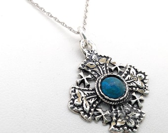 Silver Sterling & Turquoise Floral Jerusalem Cross Pendant Necklace - 20"