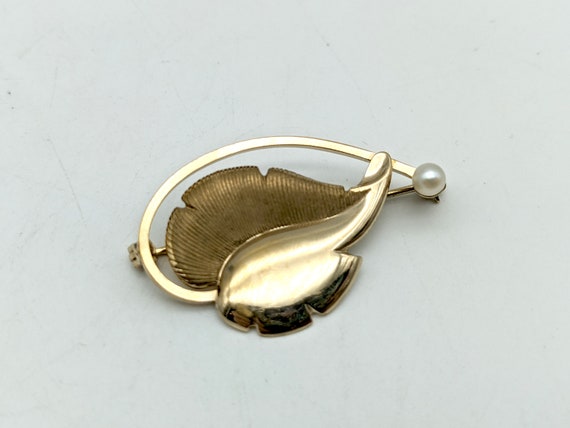 Vintage Gold Filled Pearl Leaf Brooch - image 2
